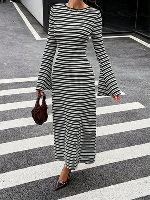 black maxi dress with striped and round neck