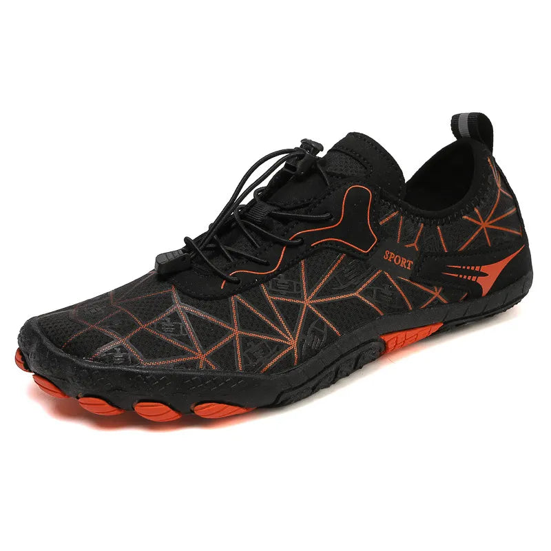 Black mesh barefoot water shoes with orange geometric pattern and quick lace.