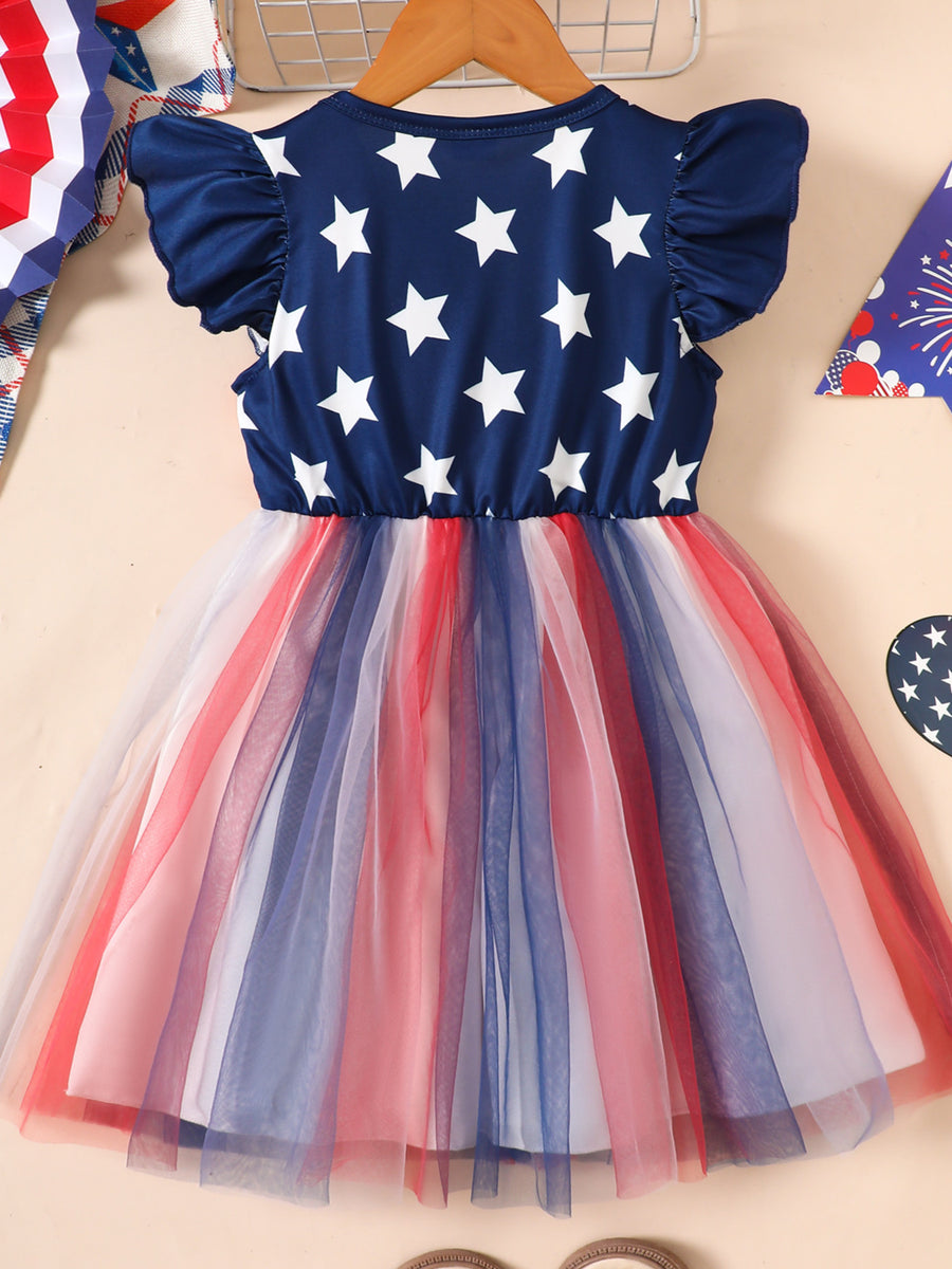 Baby patriotic star dress with ruffled sleeves and red, white, blue tulle skirt.