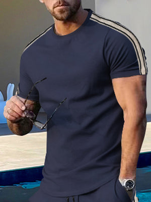 Men's navy blue crew neck t-shirt with striped shoulders
