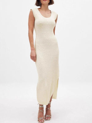 Scoop neck midi knit dress in apricot with side slit and cap sleeves.
