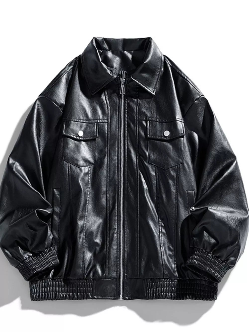 Black leather zip-up jacket with collared neckline and chest pockets.