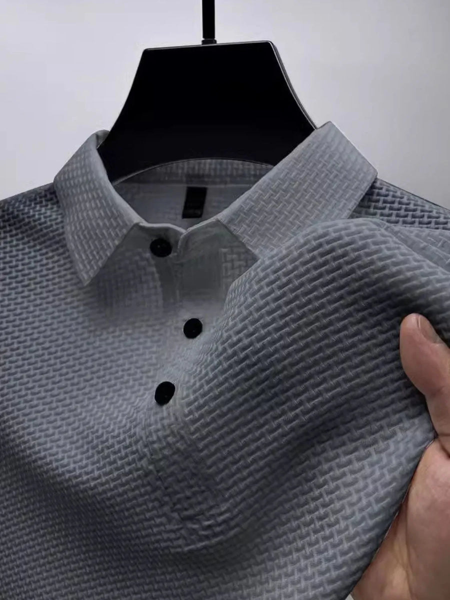 White Textured Weave Polo Shirt with Maxi Collar
