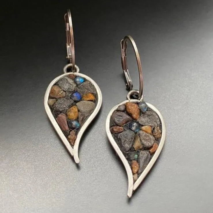 Pebble mosaic teardrop earrings in silver with colorful stone inlay and leverback closure.