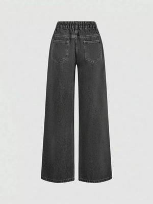 Dark with Halter Neck Denim Vest And Wide-leg Jeans Set in Dark