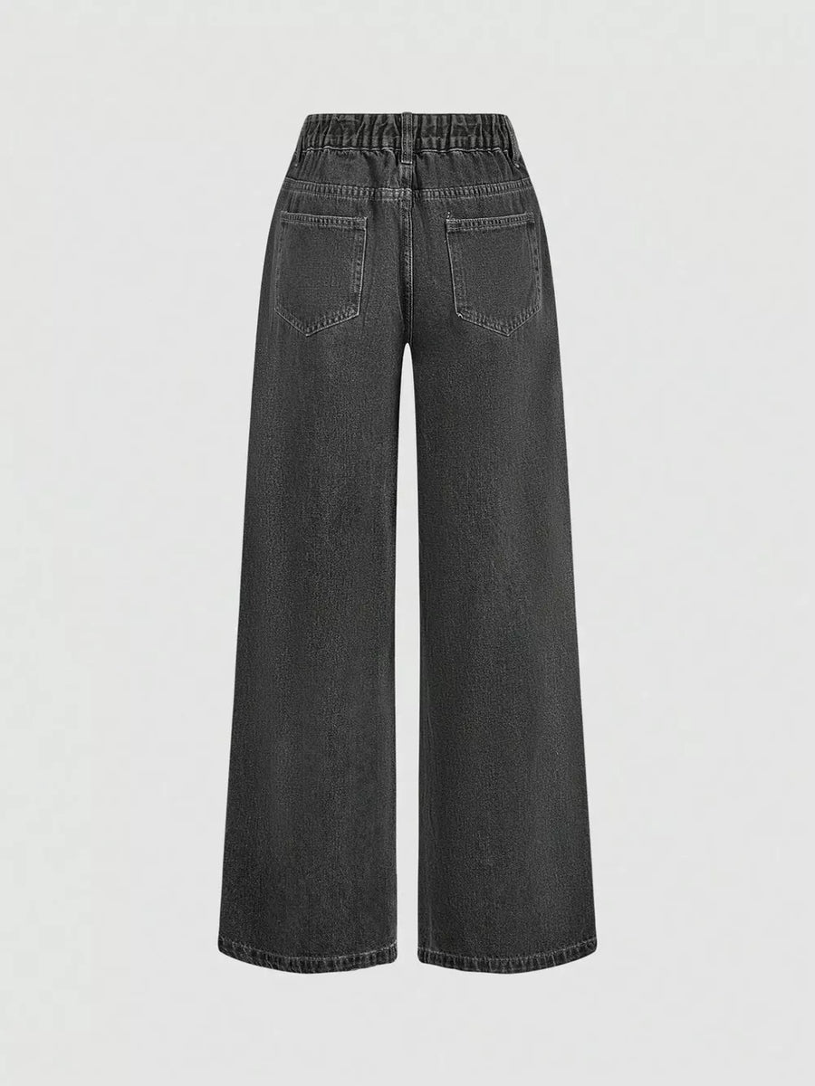 Dark with Halter Neck Denim Vest And Wide-leg Jeans Set in Dark
