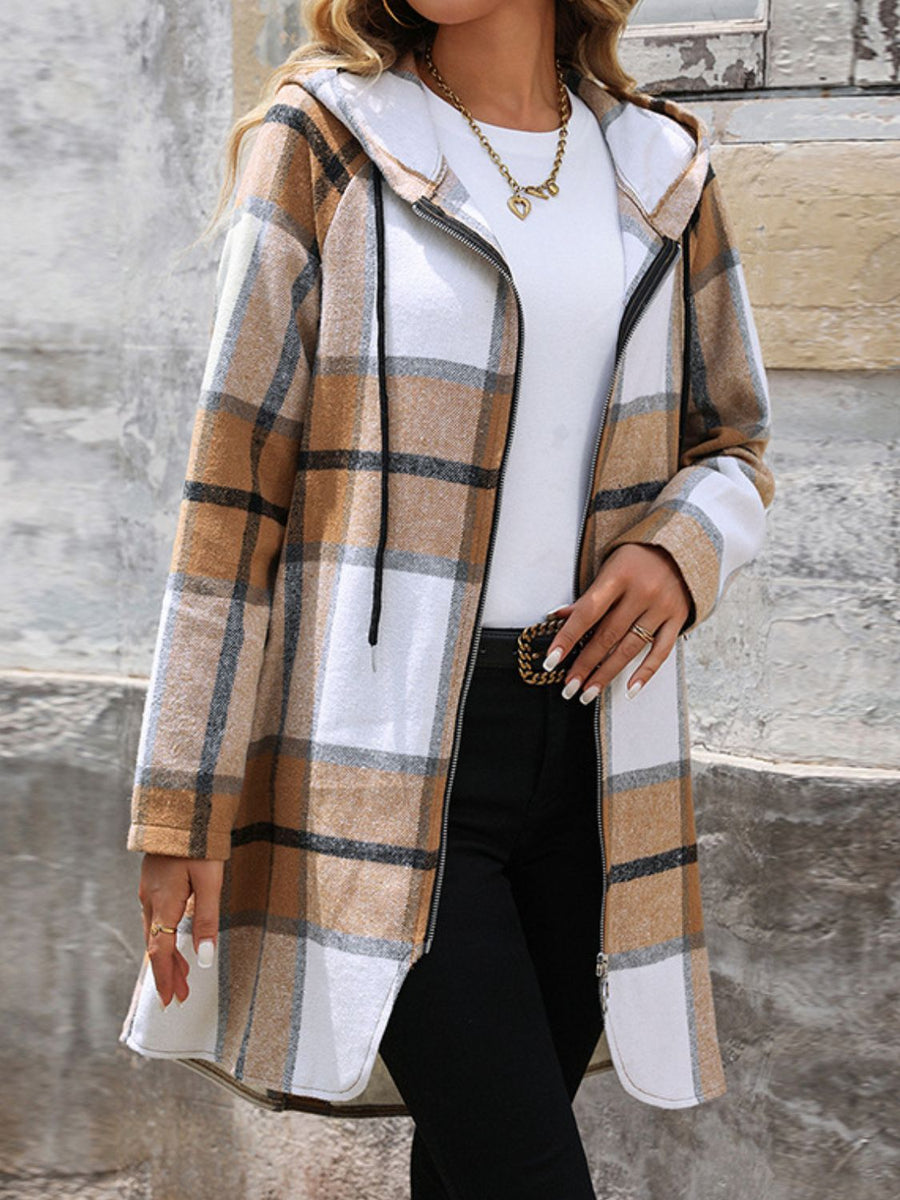 Longline plaid hoodie jacket in camel with zip front and drawstring hood.