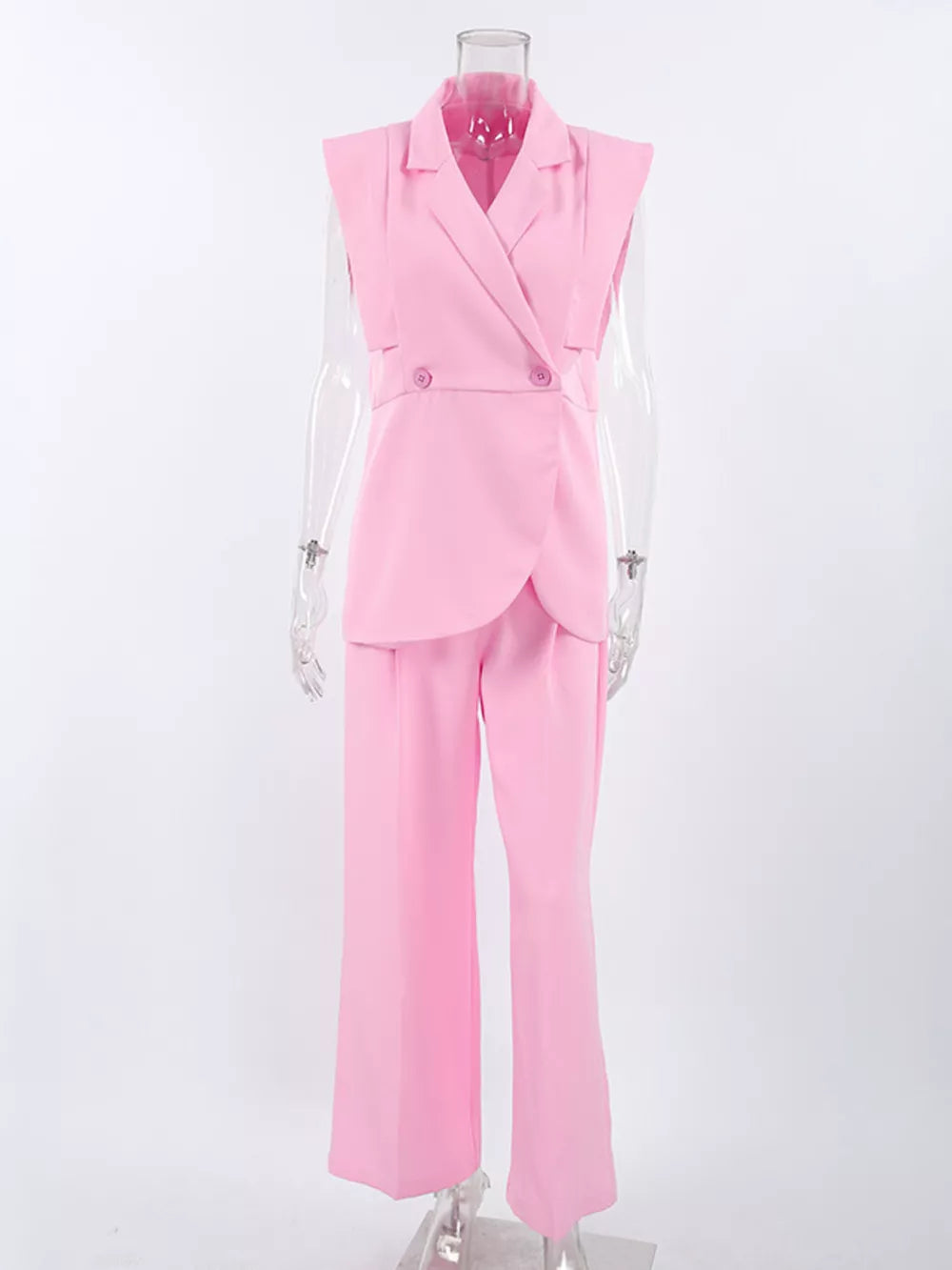 modern two-piece set in light pink with notch lapel