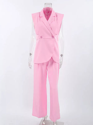 modern two-piece set in light pink with notch lapel