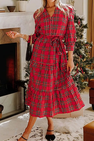 Christmas Plaid V Neck Tie Waist Midi Dress option 7