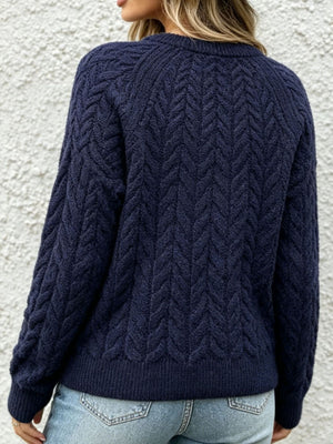 navy blue pullover sweater with hip-length and pullover