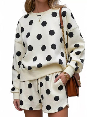 lounge set in black with polka dot and drawstring waist