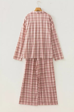 pajama set in brown with plaid and buttoned