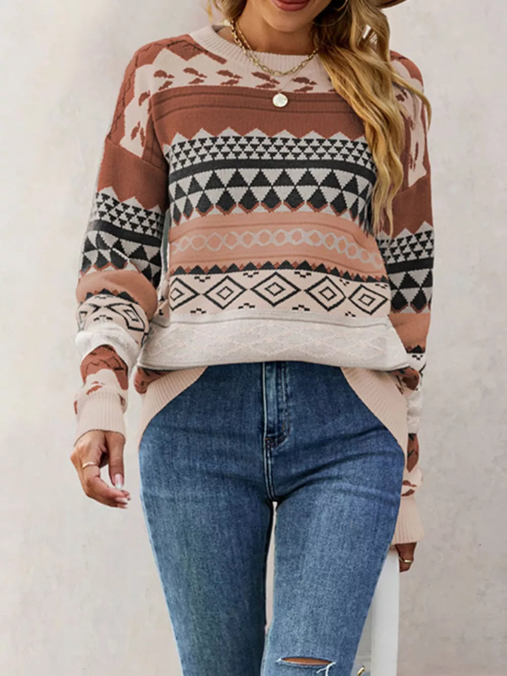 rust pullover sweater with geometric and crew neck