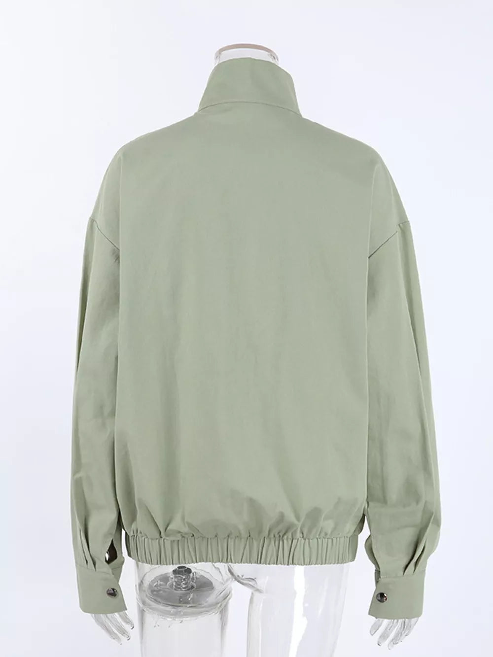 bomber jacket in navy blue with collared and long sleeve