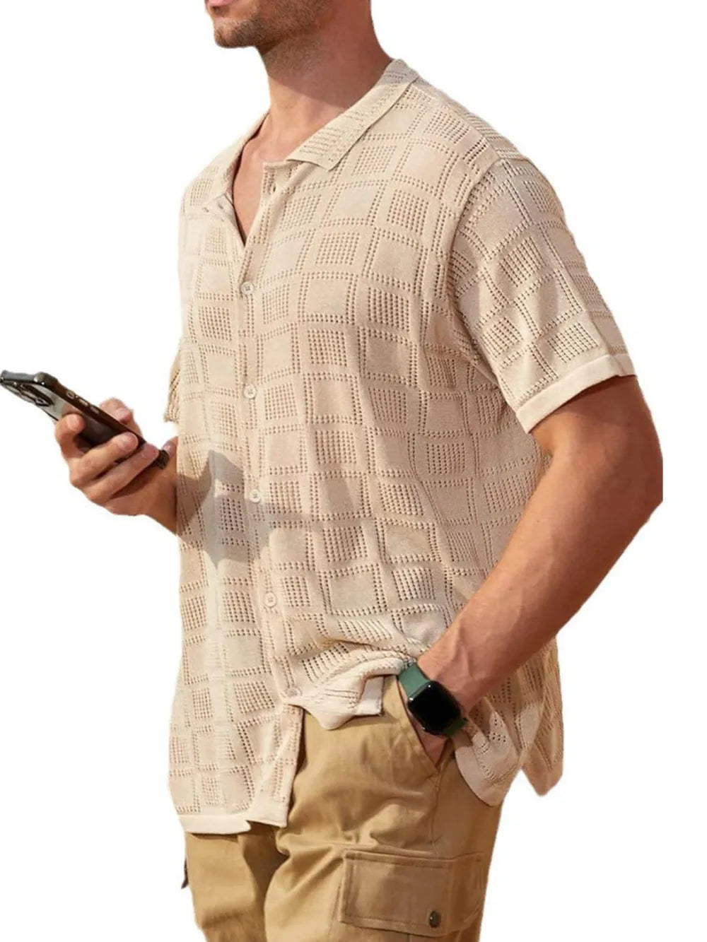 Khaki open-knit resort shirt with geometric texture, button-down collar, and short sleeves.