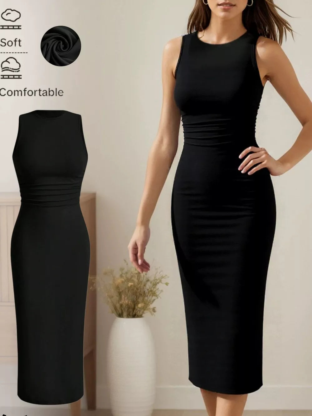 Black sleeveless round neck midi dress with ruched waist detail.
