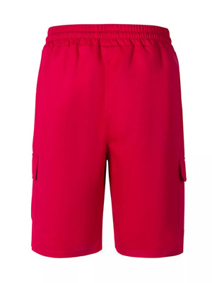 Deep red cargo shorts with elastic waistband and side cargo pockets.