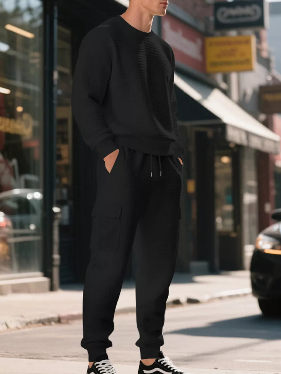 athleisure lounge set in Black with crew neck