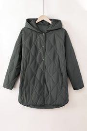Diamond quilted hooded snap jacket in light gray with snap front and pockets.