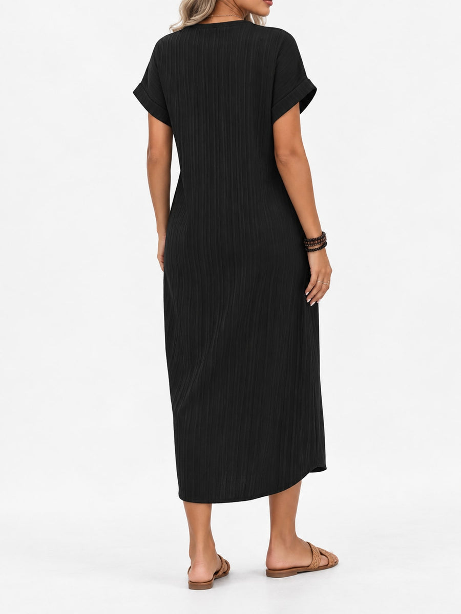 midi dress featuring ribbed in Black with Polyester blend containing at least 70% but less than 80% polyester texture