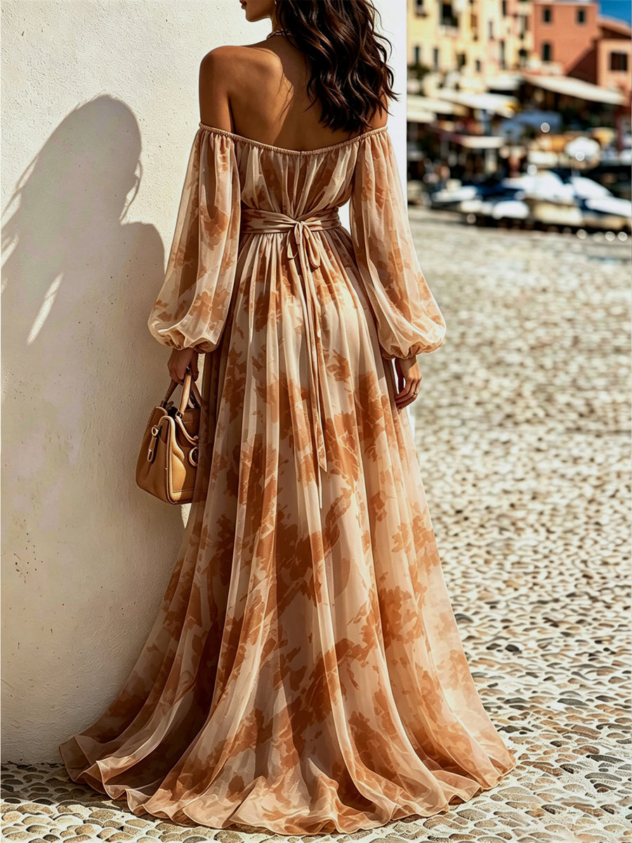 Off-Shoulder Balloon Sleeves Maxi Dress in Brown