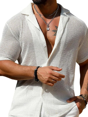 White open-knit resort shirt with camp collar and short sleeves