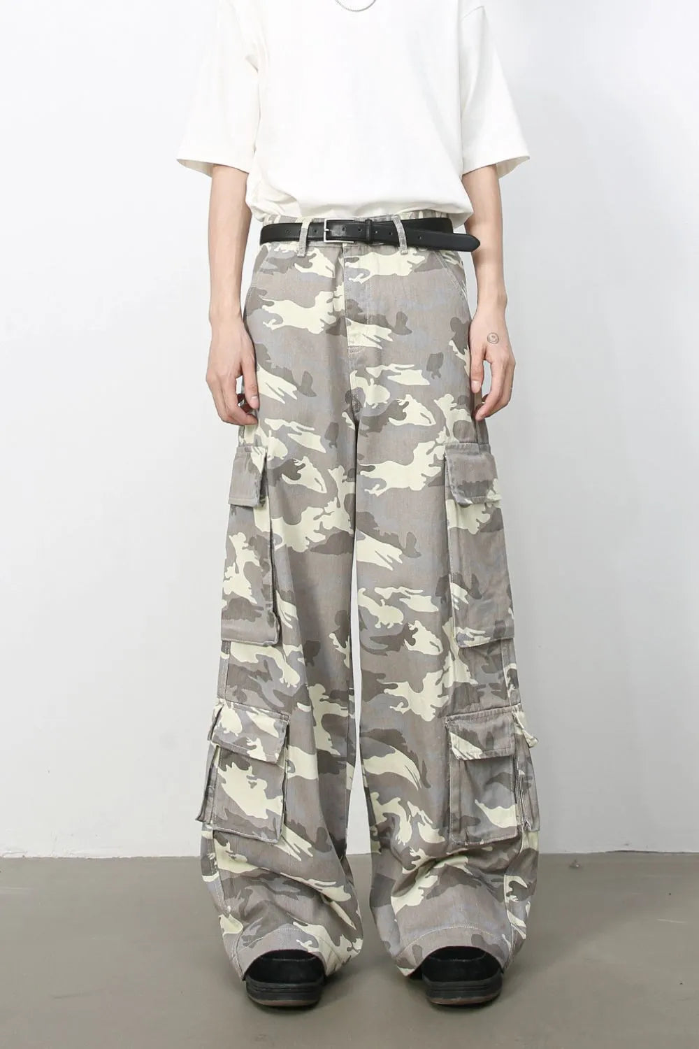 Urban Warrior Cargo Jeans 3 in gray camouflage with multiple pockets and a relaxed fit.