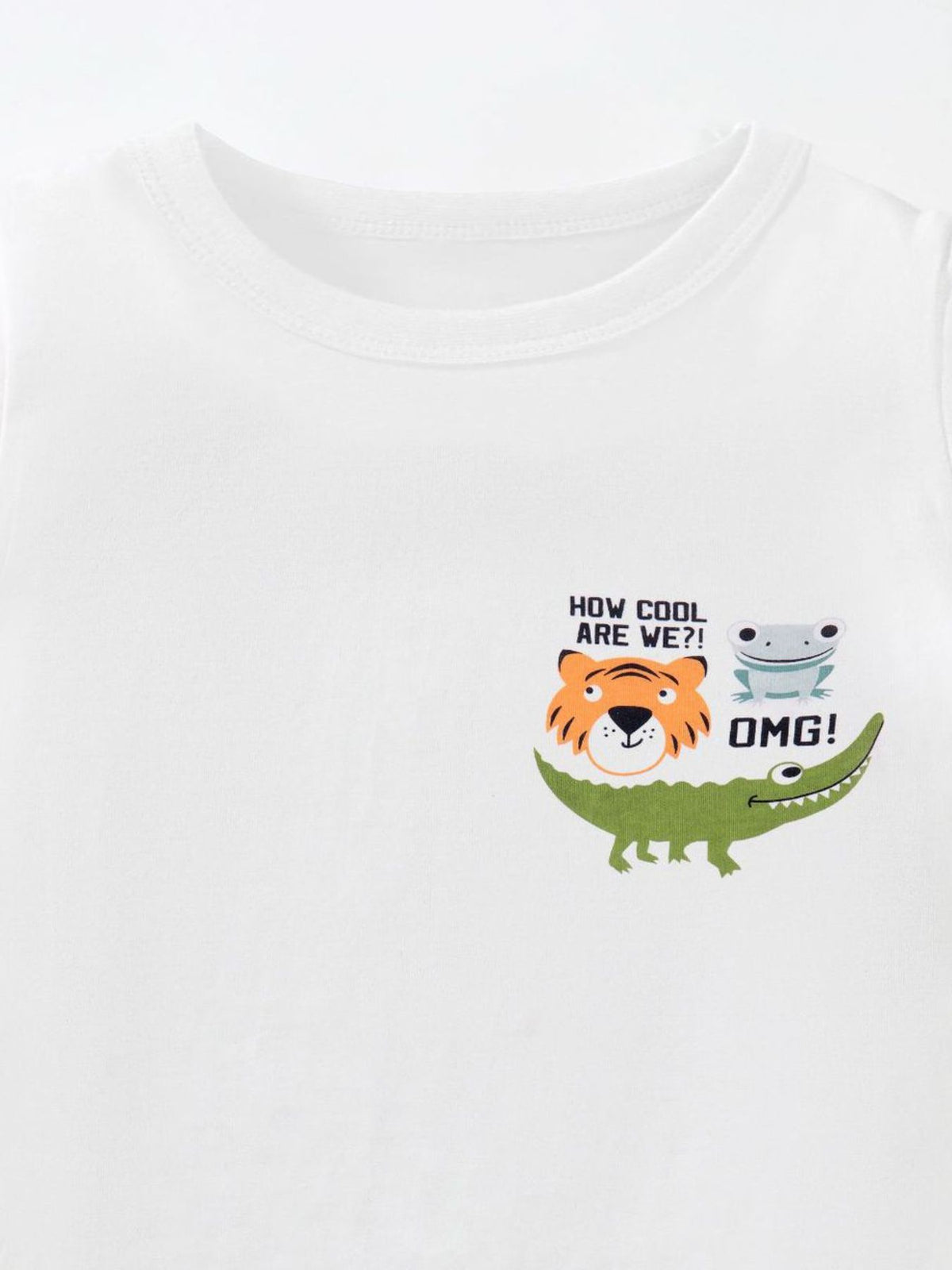 White cotton toddler t-shirt with cartoon tiger, frog, and alligator graphic and text.