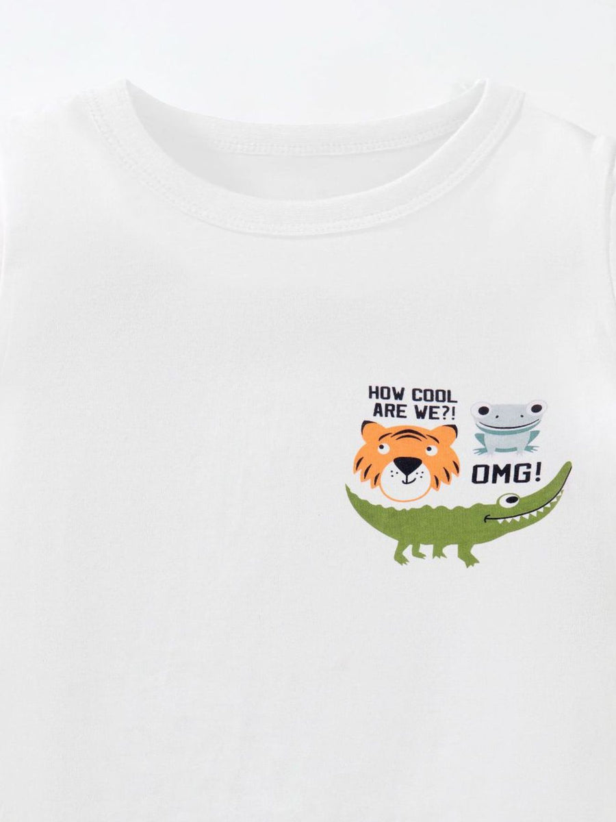 White cotton toddler t-shirt with cartoon tiger, frog, and alligator graphic and text.