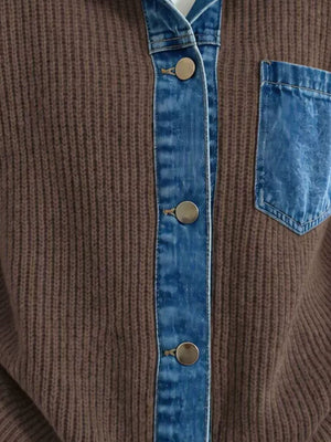 Purple-red cardigan with hip-length and button-front