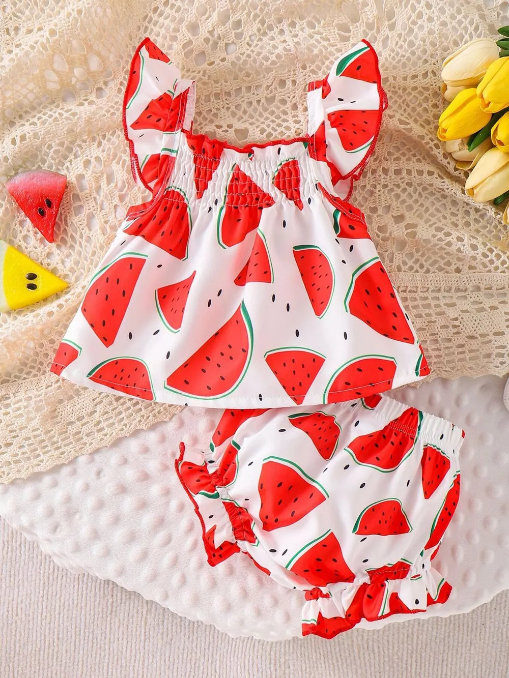 Children's Ruffled Printed Tank And Shorts Set in Watermelon