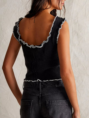 Black ribbed square neck tank top with lettuce trim detail