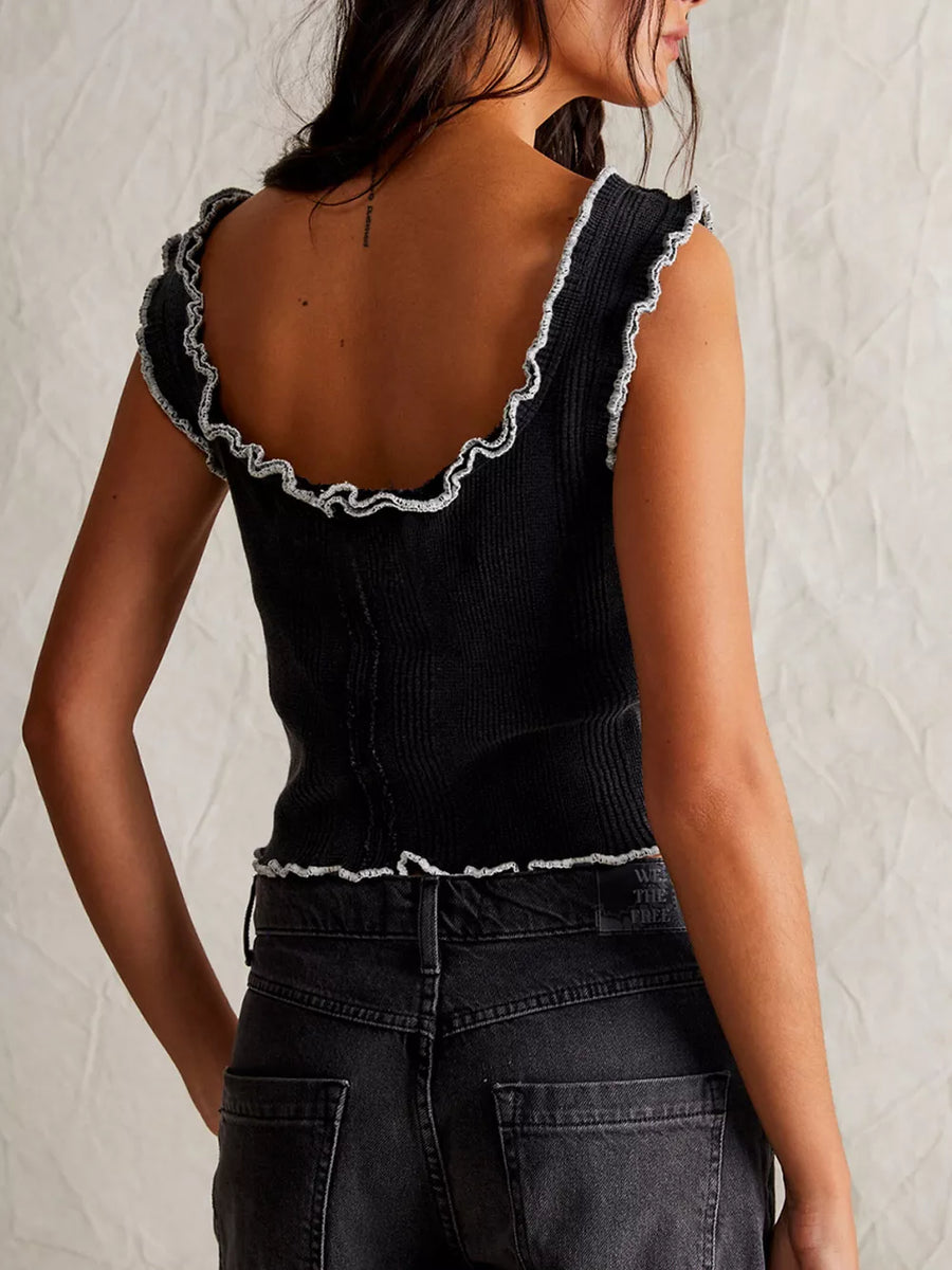 Black ribbed square neck tank top with lettuce trim detail