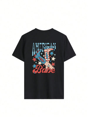 Black t-shirt with American Babe graphic featuring cowboy boots and stars.