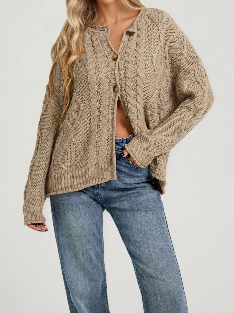 cardigan in Black with cable-knit and hip-length