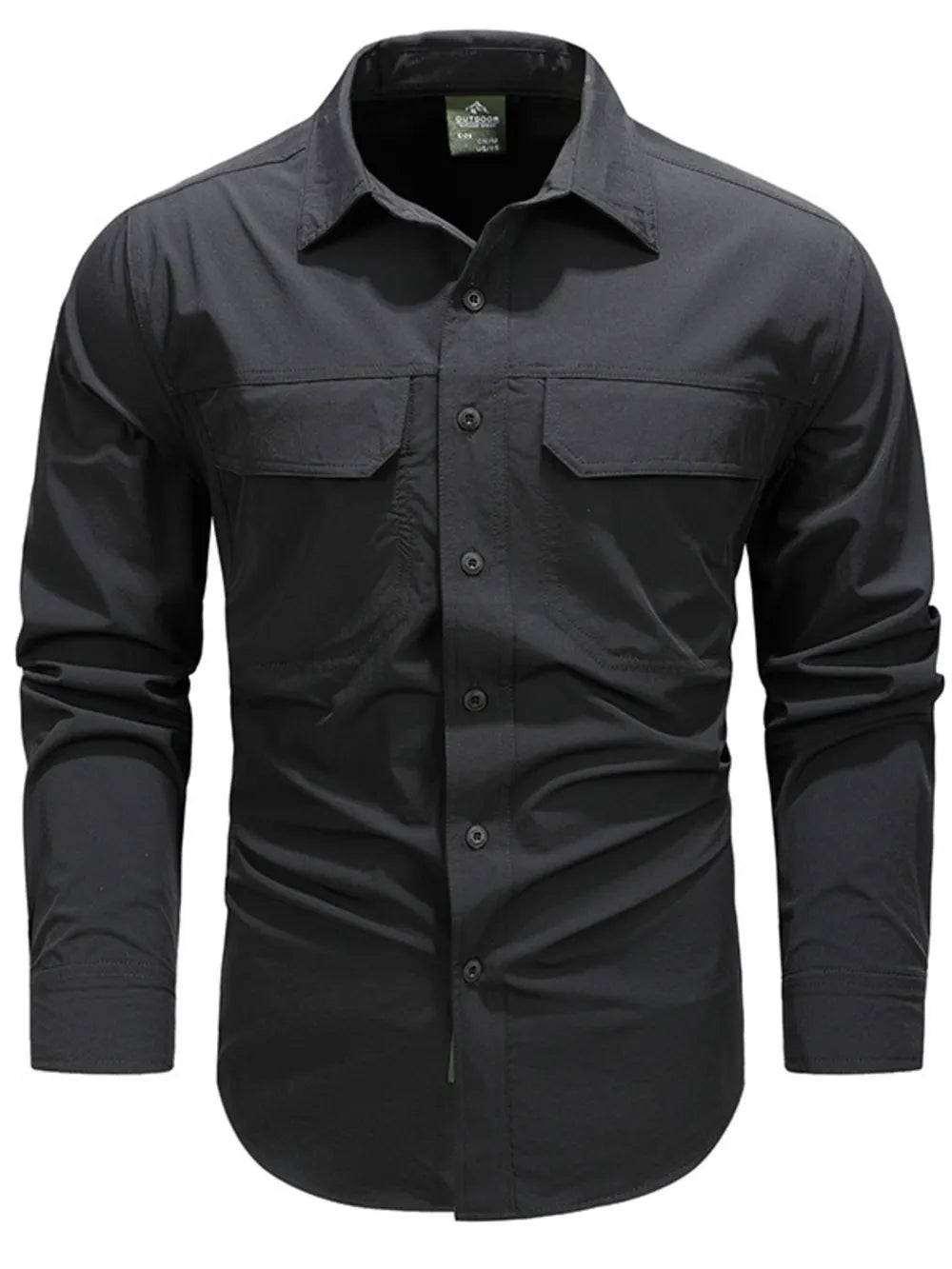 Black cotton overshirt with button-up front and two flap chest pockets.