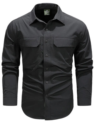 Black cotton overshirt with button-up front and two flap chest pockets.