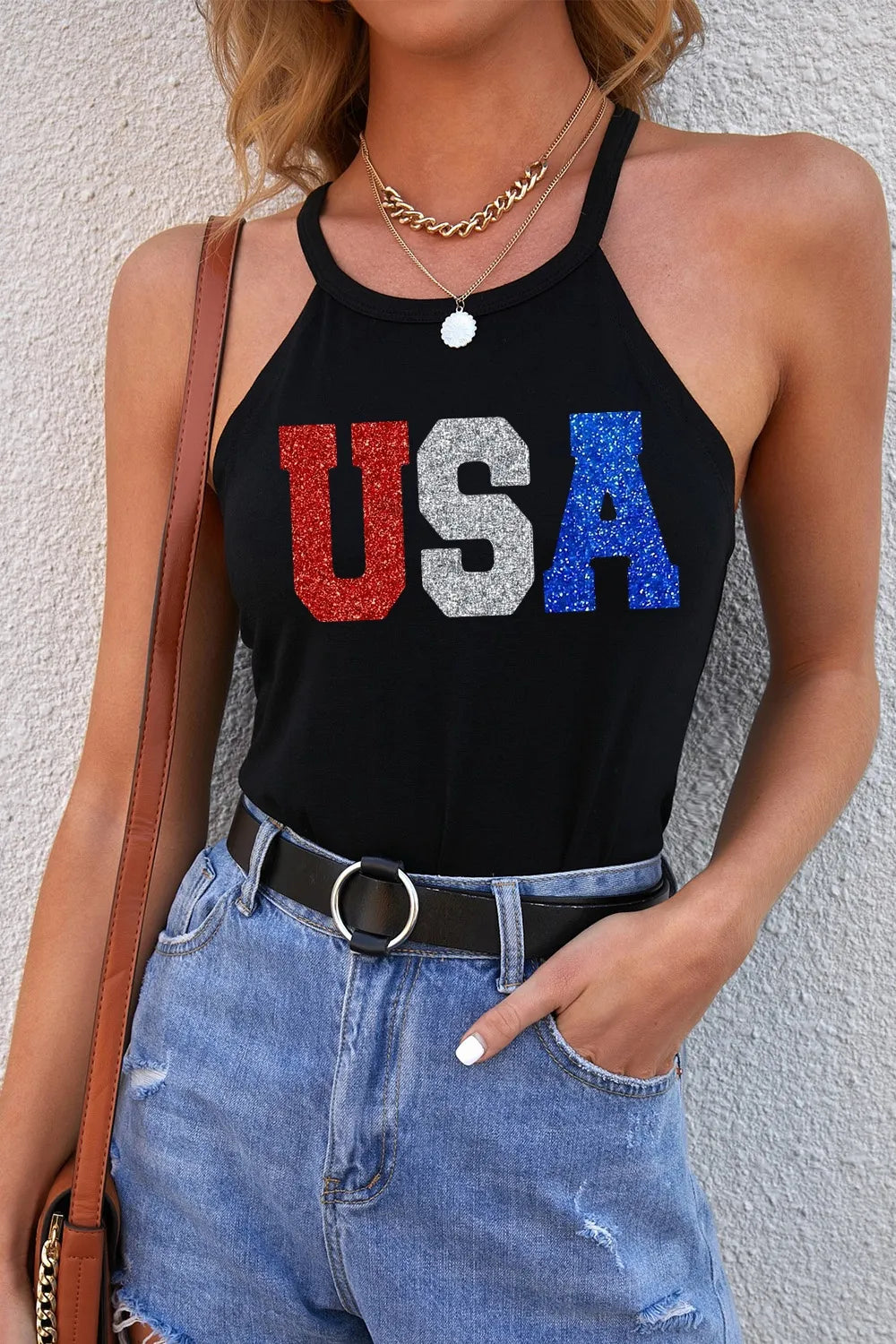 Black halter tank top with glitter USA graphic