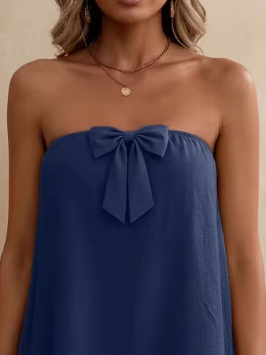 Blue strapless tube top with front bow detail, part of a set.