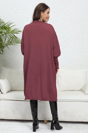 Burgundy long cardigan with balloon sleeves and pockets