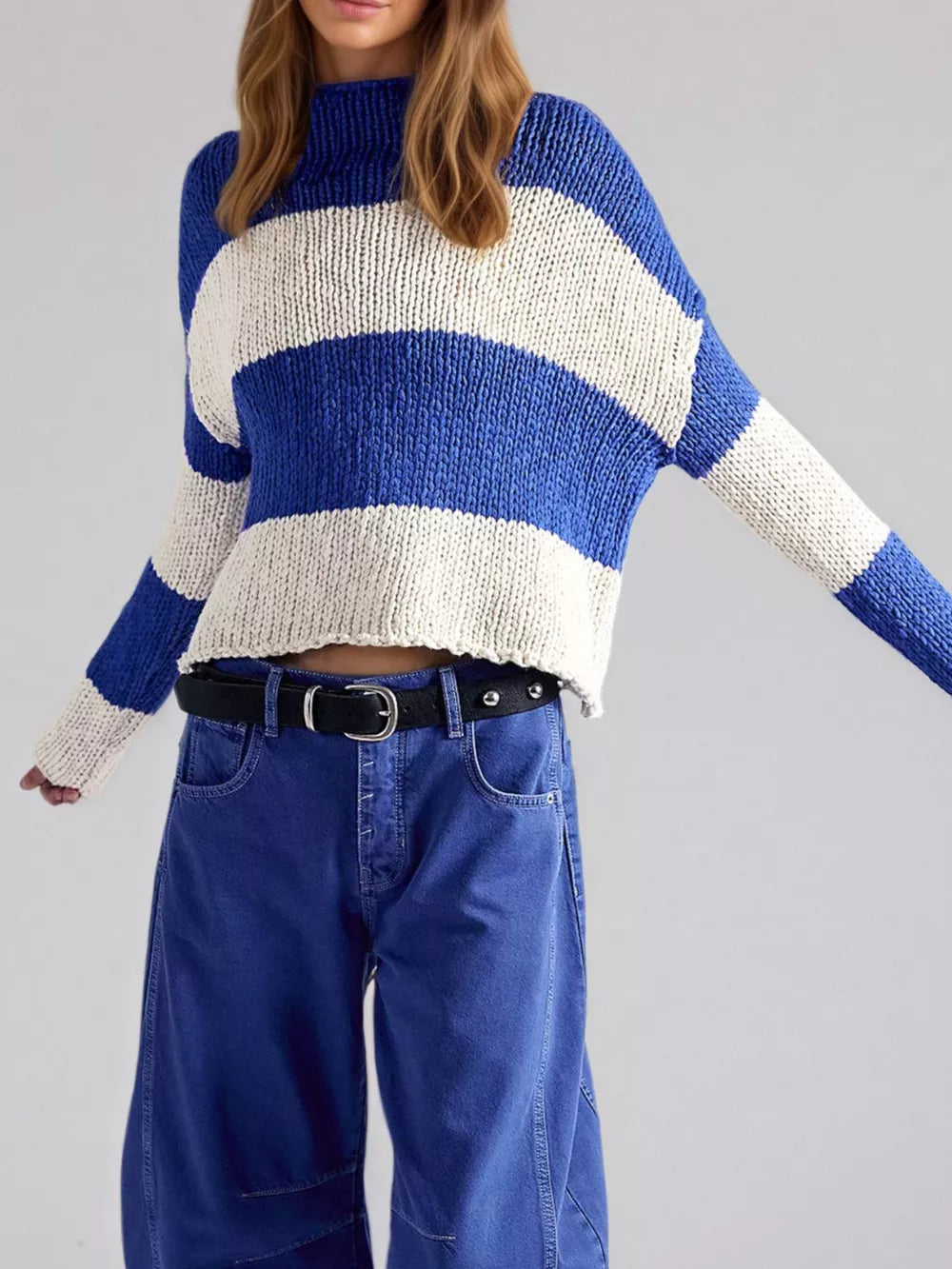 royal blue pullover sweater with striped and mock neck