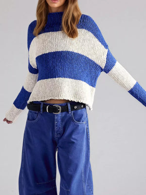 royal blue pullover sweater with striped and mock neck