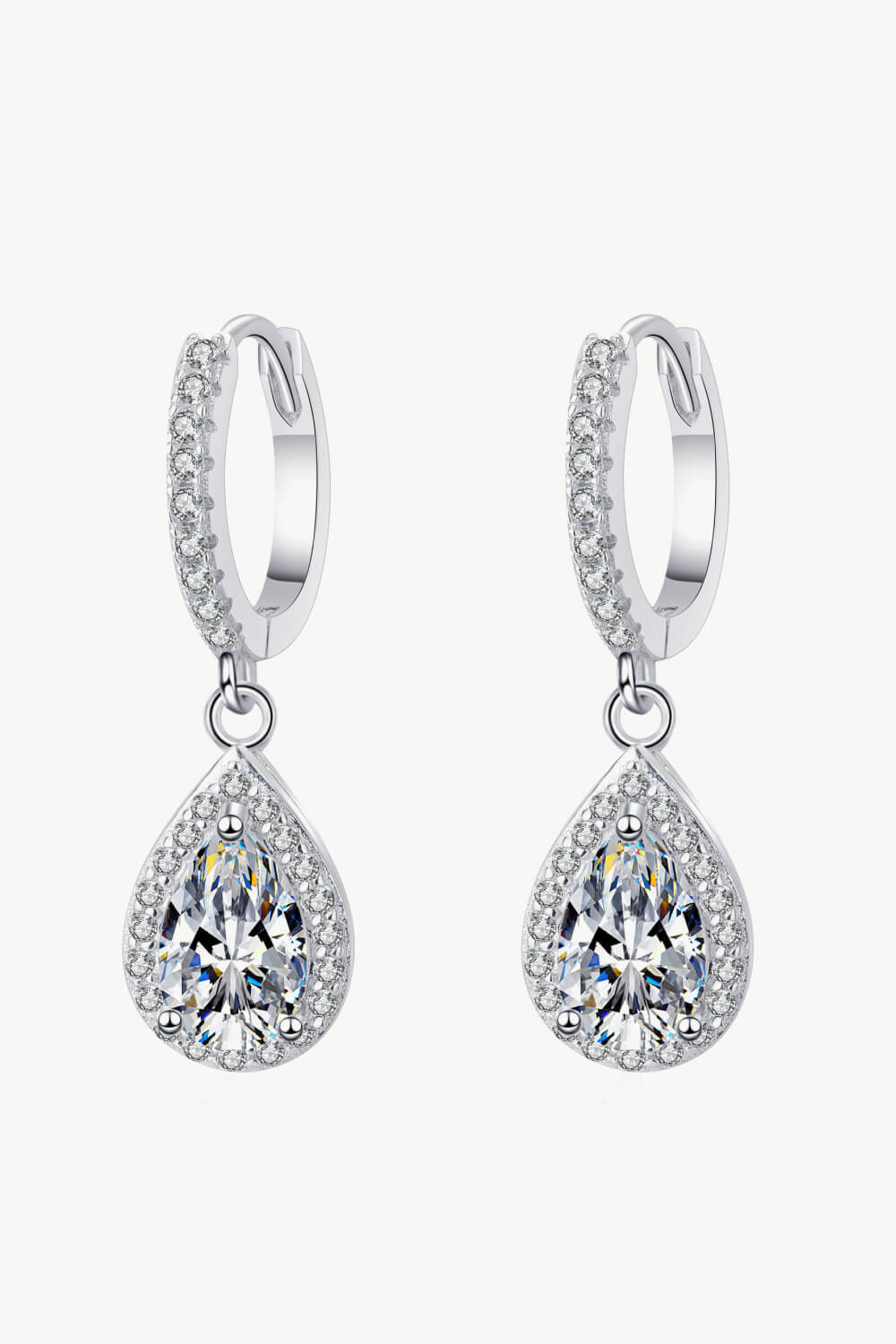 Silver pavé halo teardrop hoop earrings with clear cubic zirconia stones.