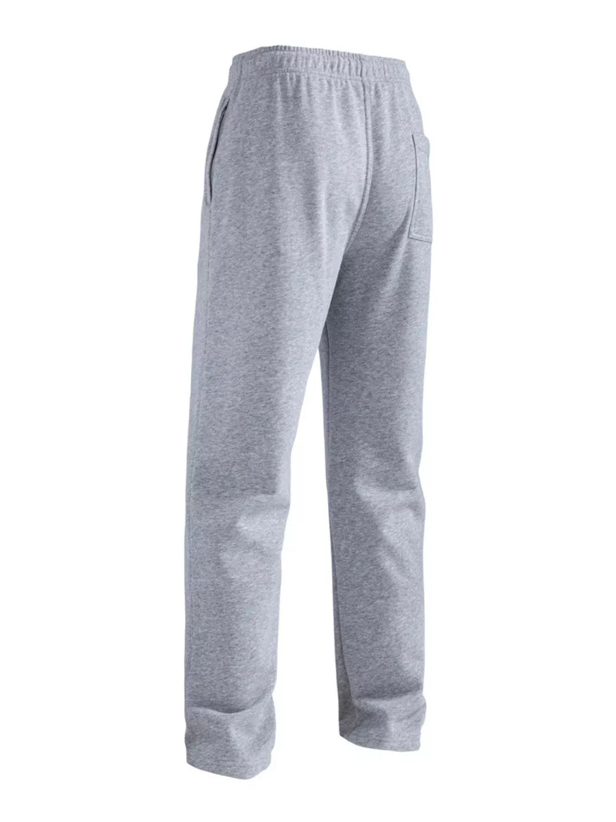 Men's light gray drawstring sweatpants with loose fit and back pocket.
