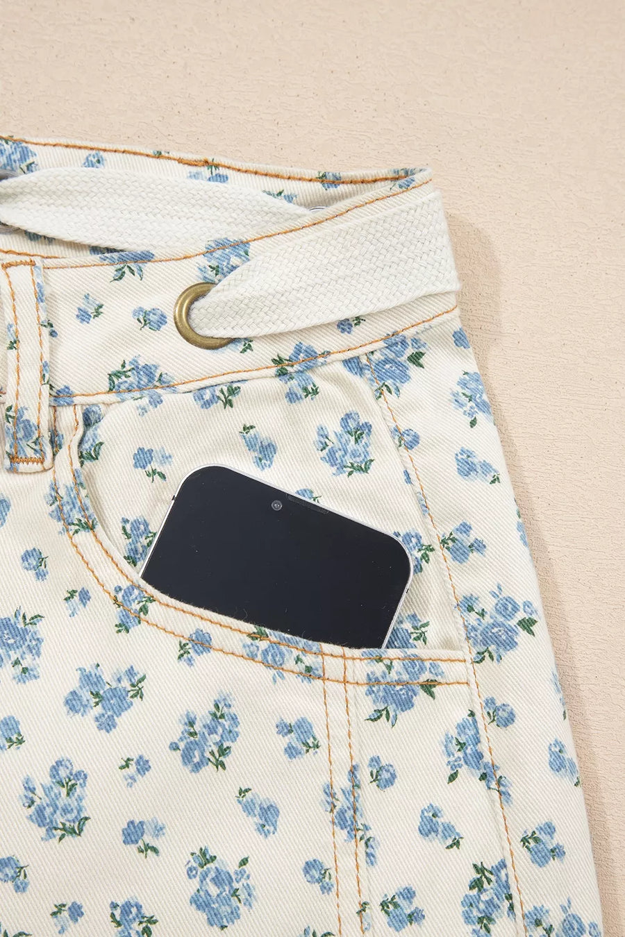 Grommet Knot Waist Floral Barrel Leg Jeans option 7