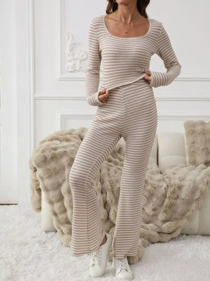 Striped knit crop top and flare pants set in apricot with a square neckline and long sleeves.