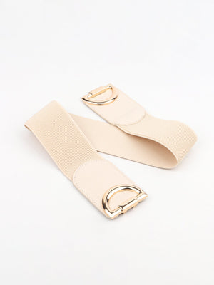 Cream elastic belt with gold double-D buckle detail