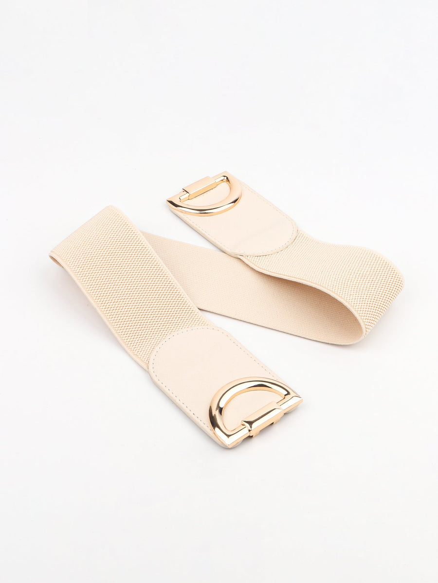 Cream elastic belt with gold double-D buckle detail