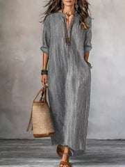 slate blue maxi dress with stretch and long sleeve